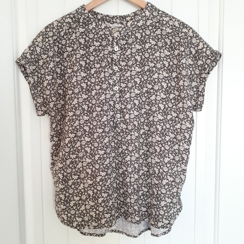 Faherty Dream Cotton Gauze Desmond Blouse in Nusa Floral Brown Size S